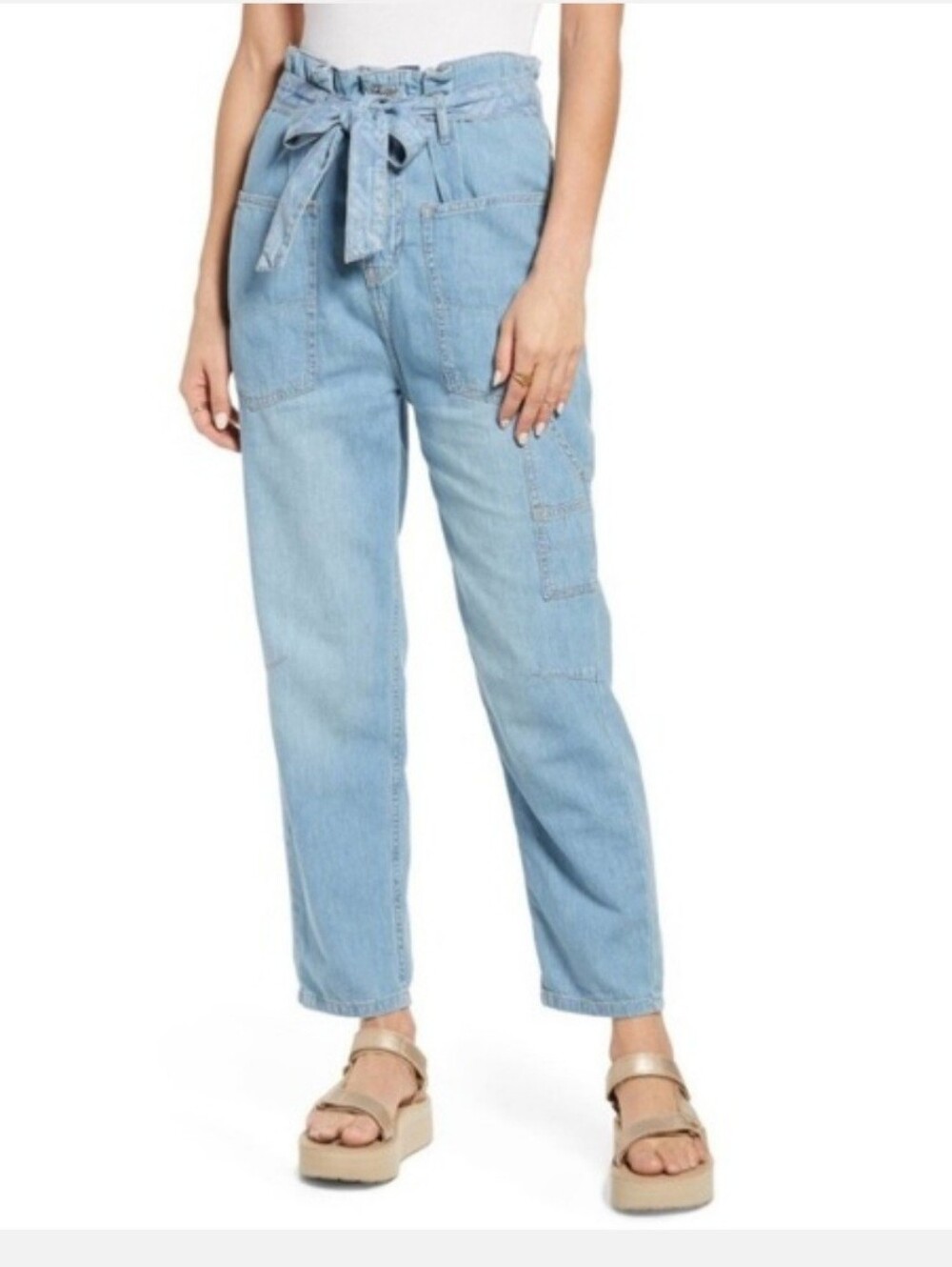 We The Free Belted Denim Utility Pants paperbag waist crop jeans sz 30